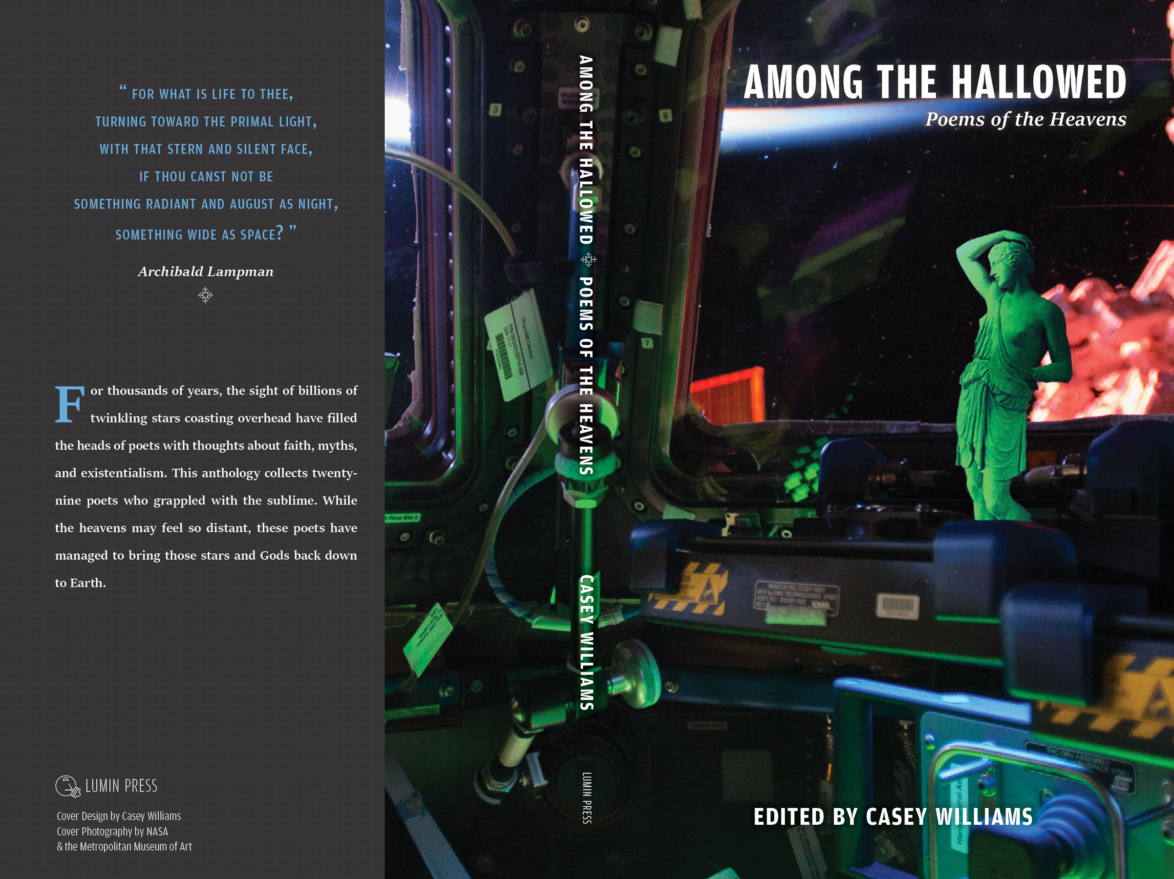 An ancient Grecian statue stands in front of a window of a NASA space shuttle. She is looking out at the stars and sun. Green light illuminates her and the rest of the interior of the ship.