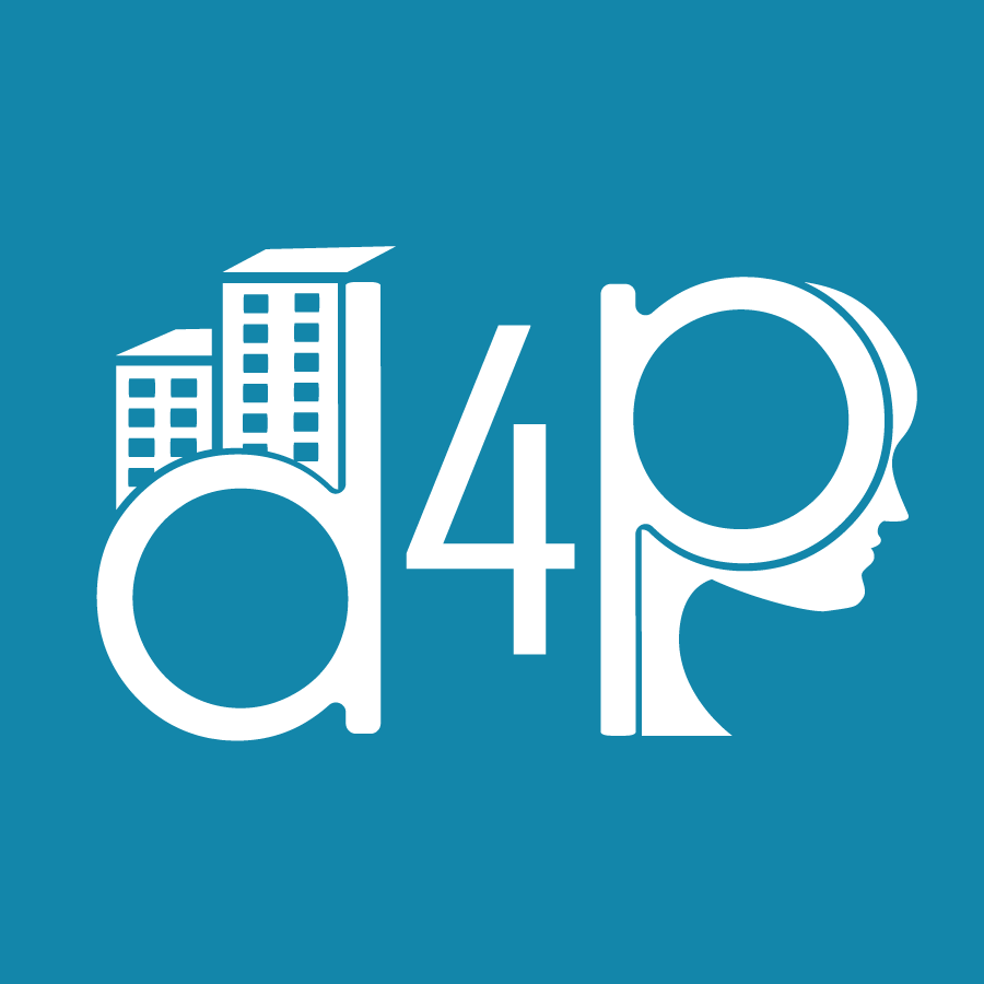 A building projects out of the letter "d" while a person's face projects out of the letter "p". The logo is white on a blue background.