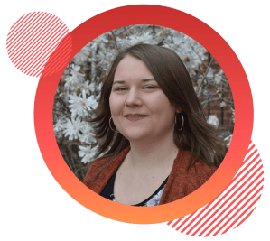 Photo of Casey Williams in front of flowering trees and surrounded by red abstract shapes.